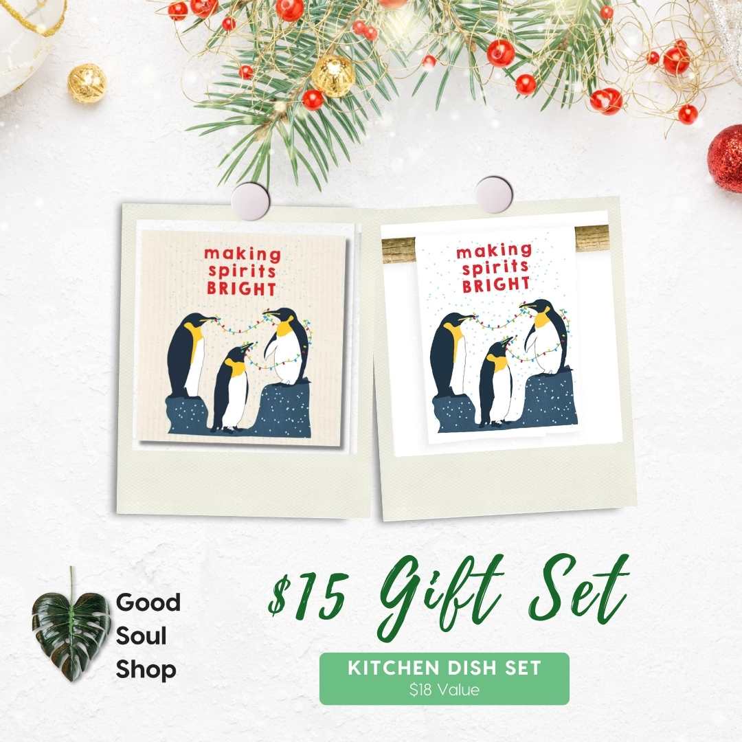 Festive Penguins Swedish Dish Sponge and Dish Towel Set