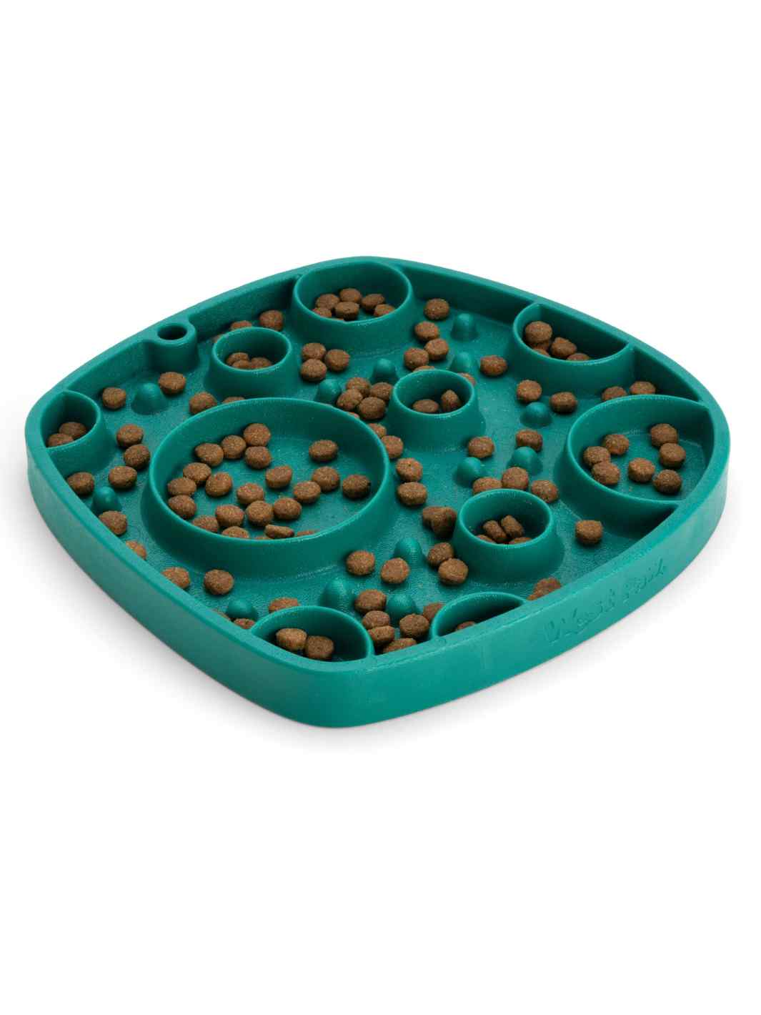 West Paw Feast Lick Mat and Slow Feeder with Green Bubbles filled with Kibble