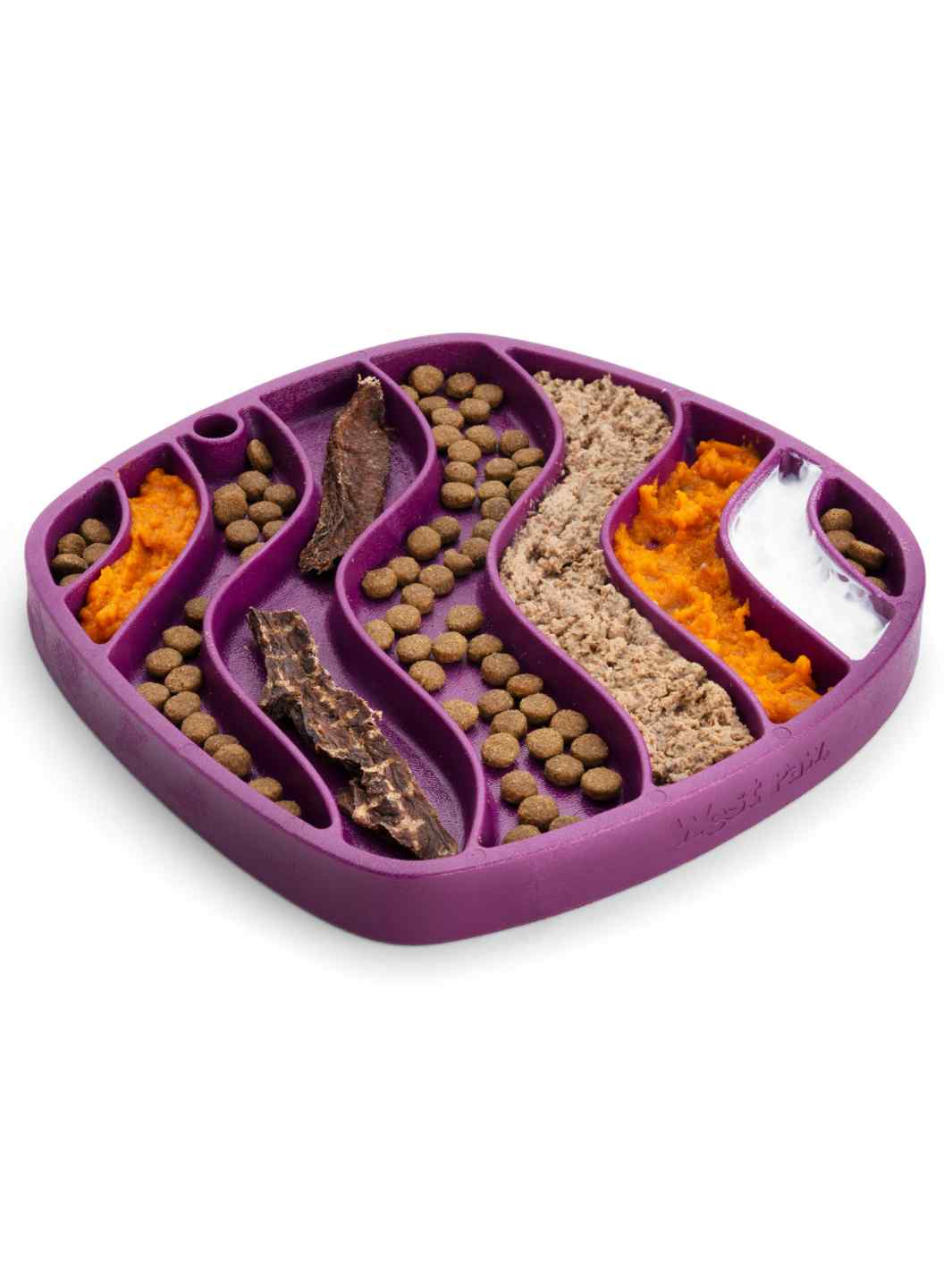 West Paw Feast Lick Mat and Slow Feeder with Red Waves Filled With Mixed Food