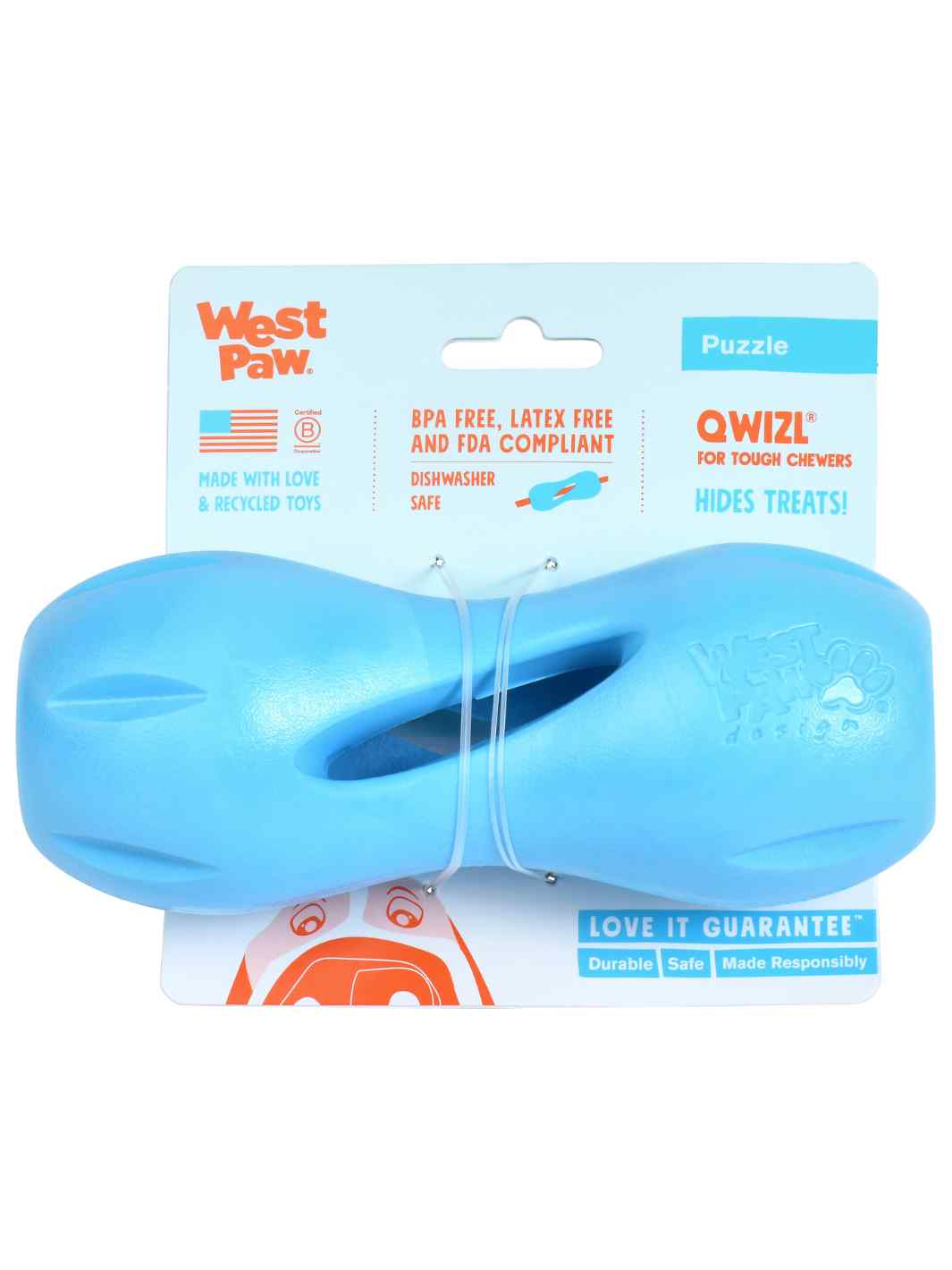 West Paw Quizl Treat Puzzle Toy in Blue with Front of Packaging