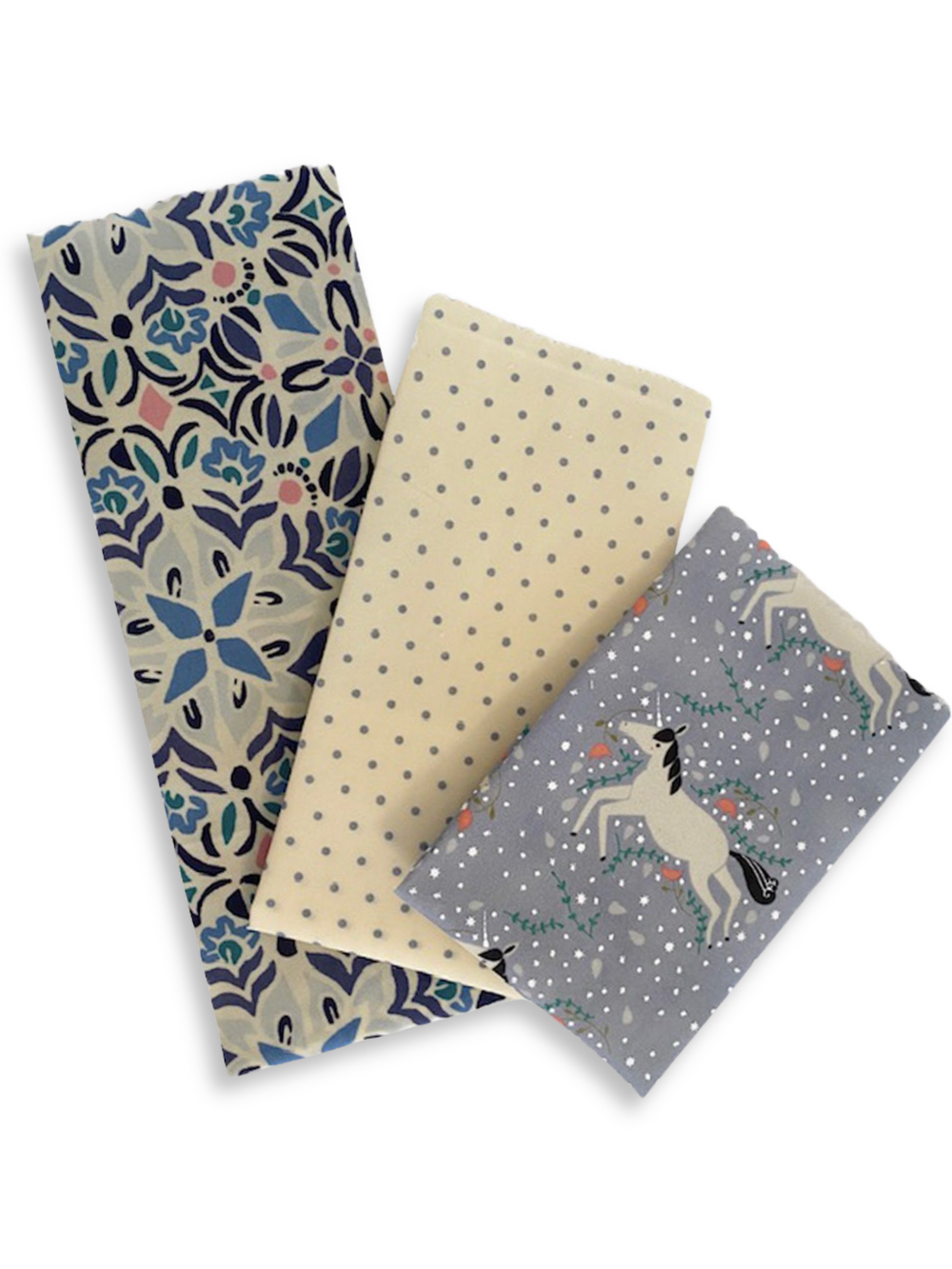 Good Soul Shop Beeswax Wrap Set of 3 Purple Unicorn & Polka dots Fanned Out