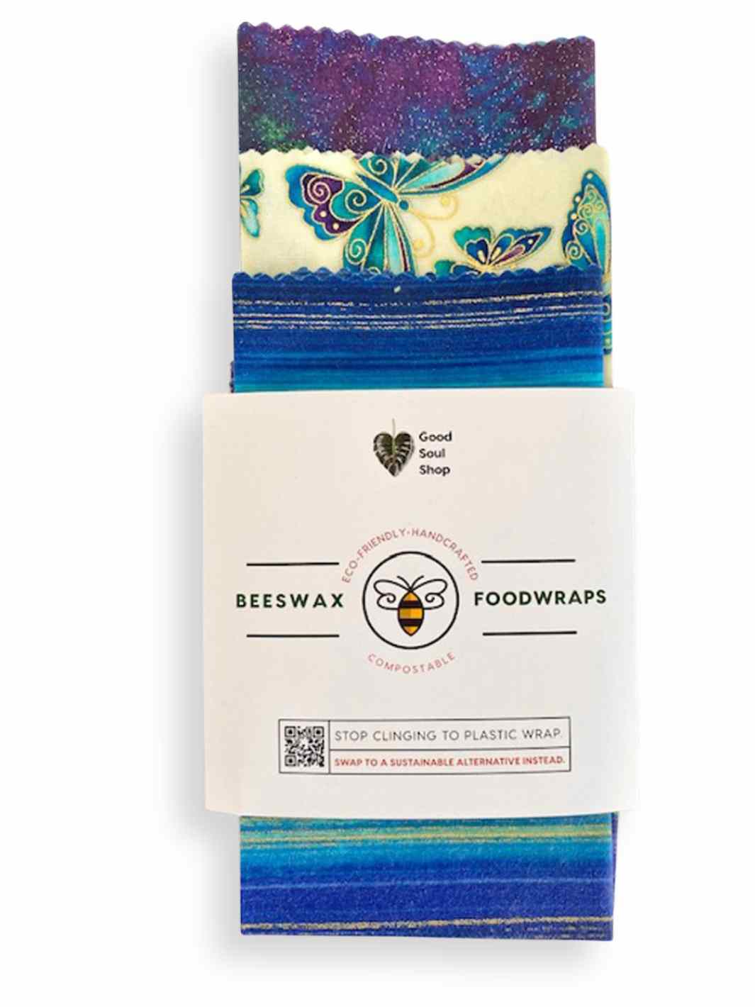 Good Soul Shop Set of three beeswax food wraps in purple butterfly pattern