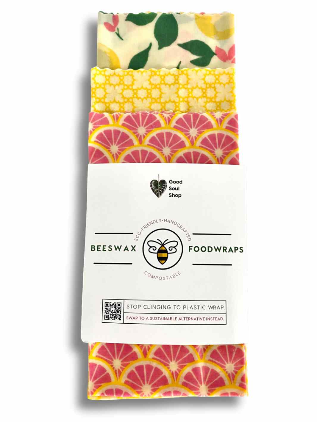 Good Soul Shop Set of three beeswax food wraps in yellow and pink lemon pattern