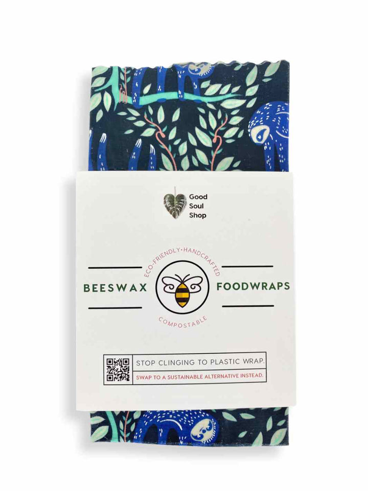 Good Soul Shop Set of three 8-inch beeswax food wraps in a purple and black sloth pattern