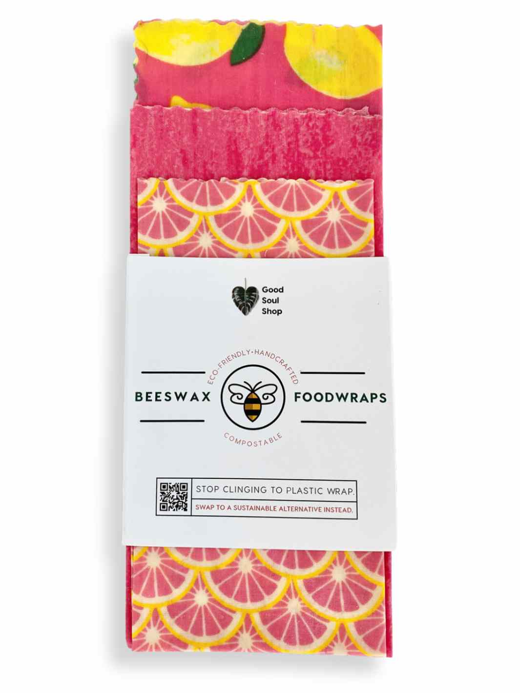 Good Soul Shop Set of three beeswax food wraps in pink lemon pattern