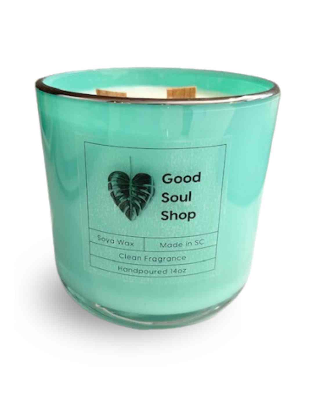 Good Soul Shop Carolinas Double Wood Wick Candle Turquoise Glass