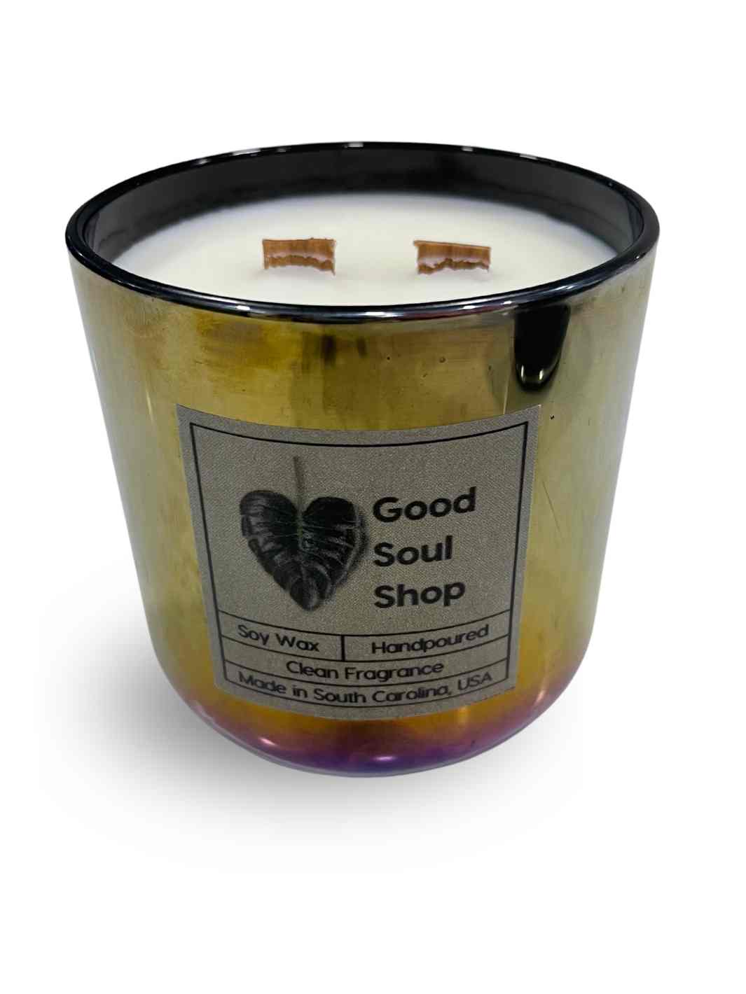 Good Soul Shop Double Wood Wick Handpoured Soy Candle Iridescent Glass
