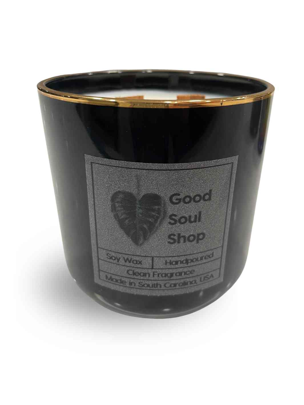 Good Soul Shop Handpoured Soy Double Wood Wick Candle Black Glass Gold Rim