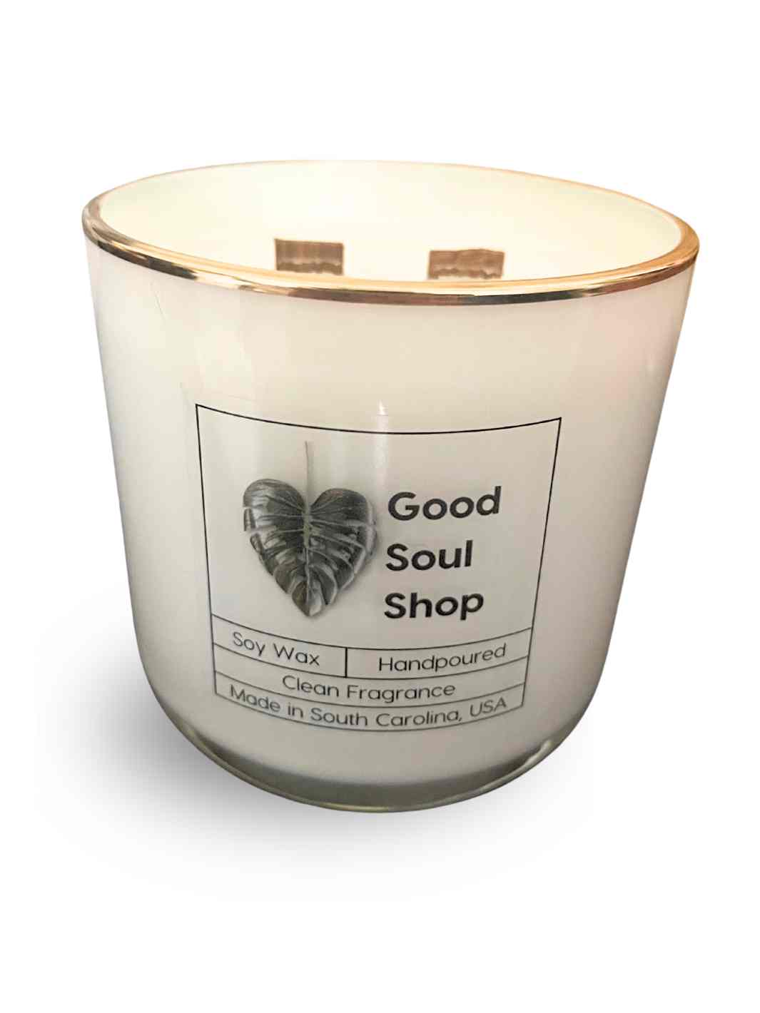 Good Soul Shop Handpoured Soy Double Wood Wick Candle White Glass Gold Rim