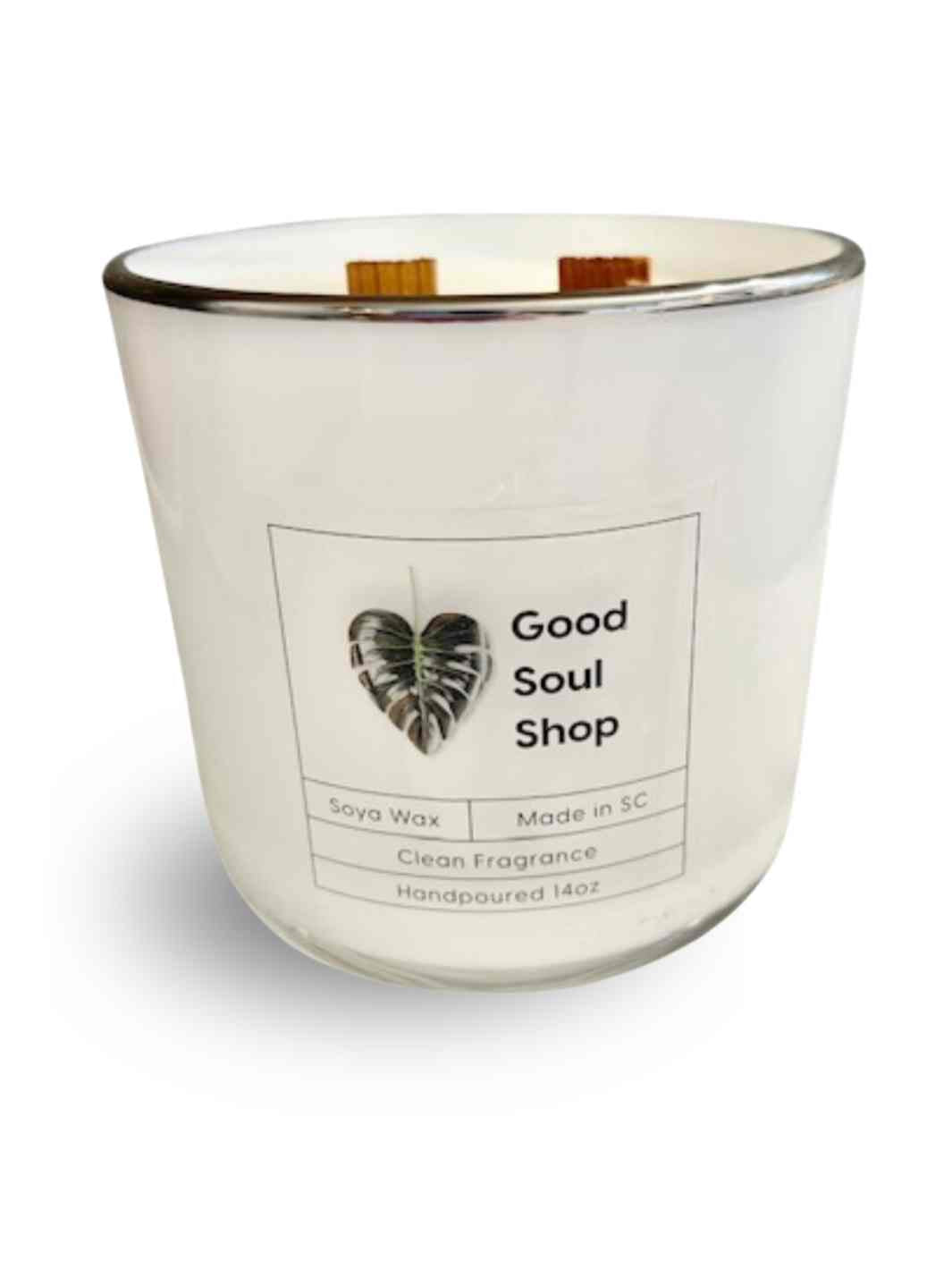 Good Soul Shop Handpoured Soy Double Wood Wick Candle White Glass Silver Rim