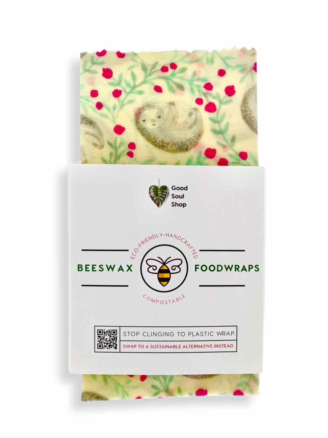 Good Soul Shop Set of three 8-inch beeswax food wraps in a baby sloth pattern