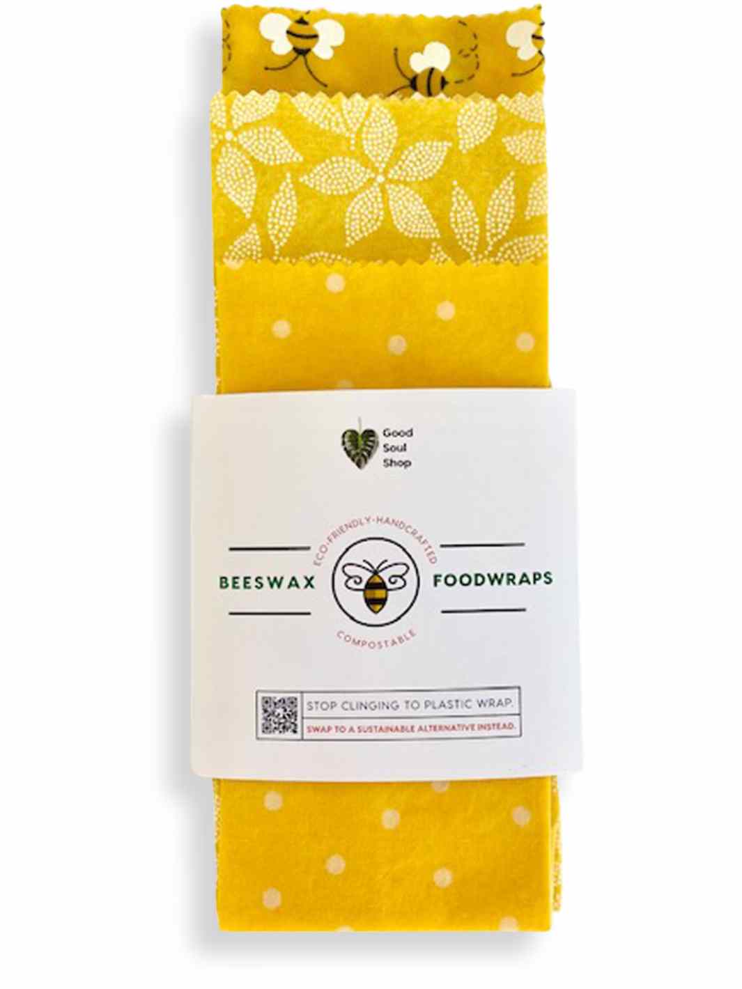 Good Soul Shop Set of three beeswax food wraps in yellow bee, polka dot, and floral  pattern