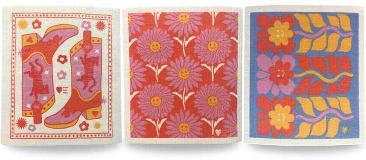 Set of three Swedish Dishcloths with Cowgirl Boots Tigers and Smiling Flowers