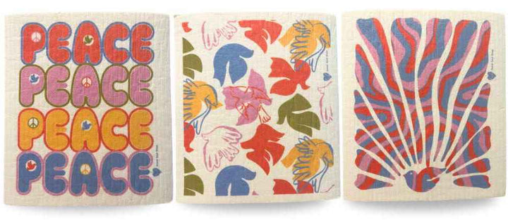 Set of three Swedish Dishcloths with Peace Sign Flying Birds and Dove with Rays