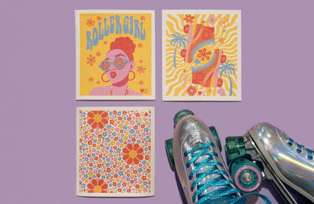 Three Swedish dishcloths with roller skates flowers and Woman wearing peace sign glasses