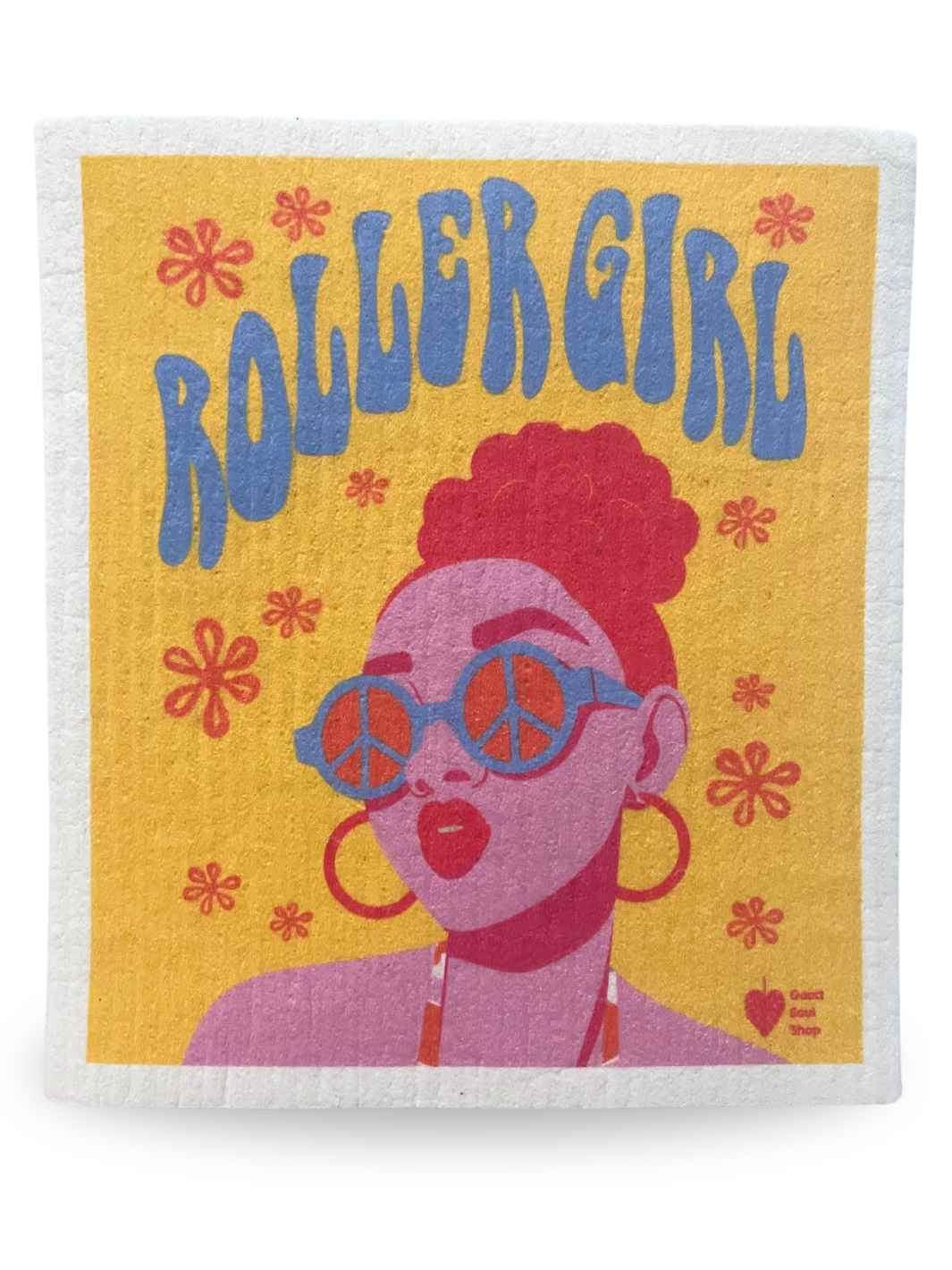 Good Soul Shop Swedish Dishcloth Rolelr Girl Wearing Peace Shades