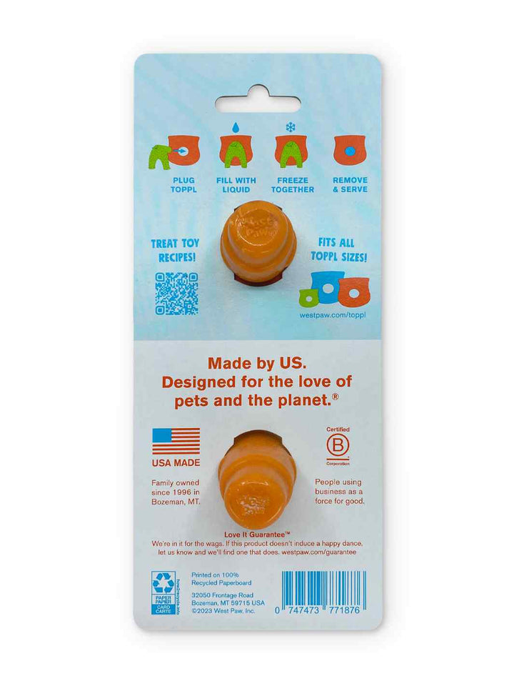 West Paw Toppl Stopper Back Side of Packaging in Orange