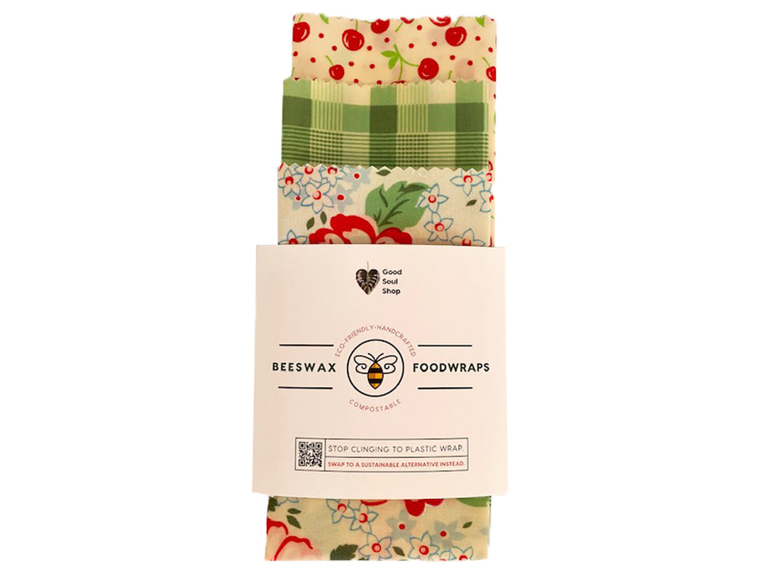 Beeswax Wrap Set of 3 - Cherries, Green Plaid, Floral - Good Soul Shop