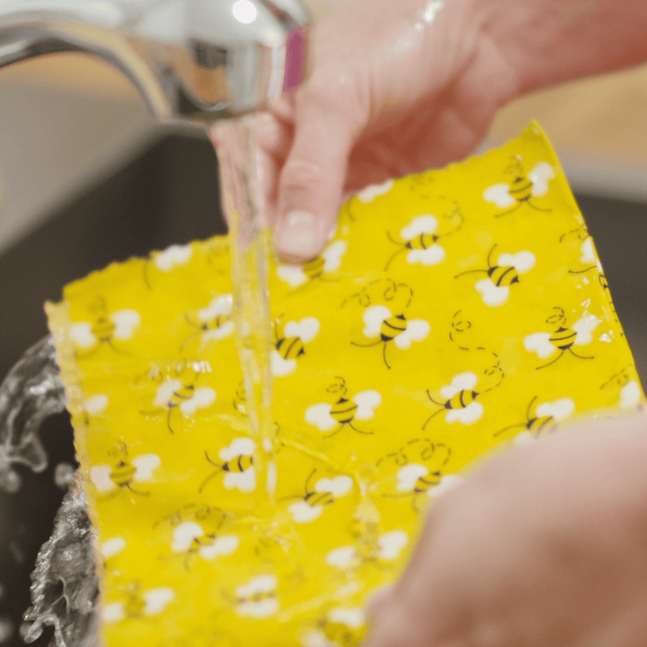 Washing a beeswax wrap in yellow bee pattern under cold water